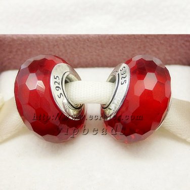 S925 Silver Red faceted Murano Glass Beads Charms fit European jewelry bracelet 092