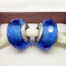 S925 Silver blue faceted Murano Glass Beads Charms fit European jewelry bracelet 093