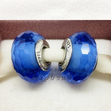 S925 Silver blue faceted Murano Glass Beads Charms fit European jewelry bracelet 093