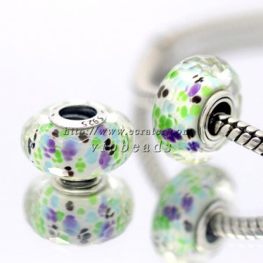 S925 Silver Grass green faceted Murano Glass Beads Charms fit European jewelry bracelet 238