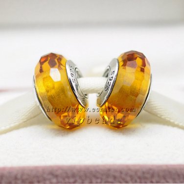 S925 Silver Champagne Yellow faceted Murano Glass Beads Charms fit European jewelry bracelet 308