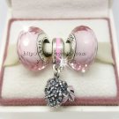 S925 Sterling Silver Pink Faceted Murano Glass Beads and Bouquet Dangle Jewelry