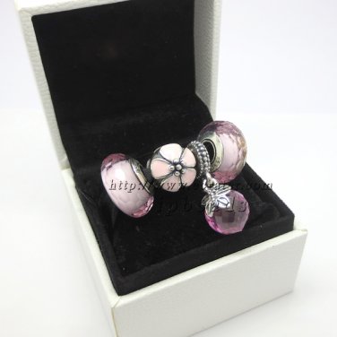 NEW S925 Sterling Silver Murano Glass With Pink Butterfly Hanging Charm