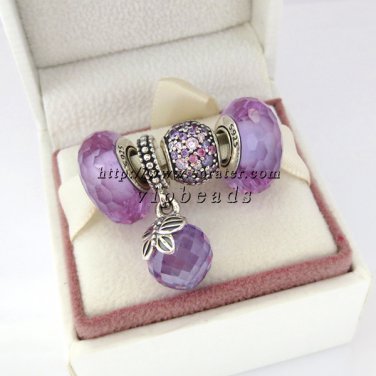 NEW S925 Sterling Silver Murano Glass Beads with Morning Butterfly Lavender CZ Dangle Charm