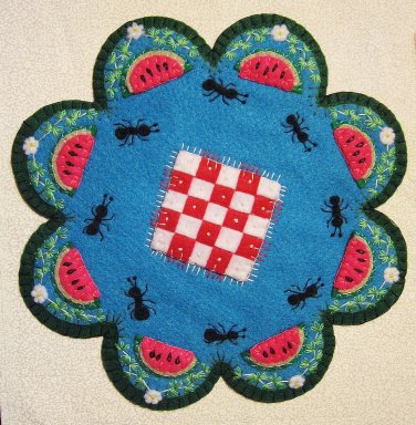 "Picnic" Watermelon Candle Mat Penny Rug Ants Flowers And Blanket PATTERN #167