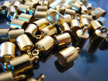 Finding - 6 pcs Gold Round Tone Cord Buckle End Cap with Loop ( inside 5mm Diameter )