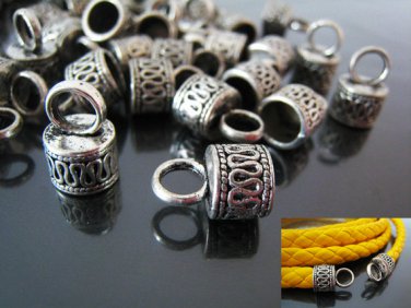 Finding - 6 pcs Vintage Silver Round Tone Cord Buckle End Cap with Loop ( inside 7mm Diameter )