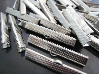 Finding - 6 pcs Silver Plated Flat Clamp Fold Over End Cap Crimps With Loop ( 40mm or 1 9/16 inch )