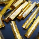 Finding - 6 pcs Gold Plated Flat Clamp Fold Over End Cap Crimps With Loop ( 40mm or 1 9/16 inch )