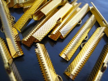 Finding - 6 pcs Gold Plated Flat Clamp Fold Over End Cap Crimps With Loop ( 40mm or 1 9/16 inch )