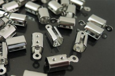 Finding - 20 pcs Silver Round Clamp Fold Over End Cap Crimps With Loop ( Inside 4mm Diameter )