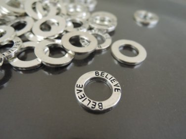 Fnding - 6 pcs Antique Silver Metal Circle Ring Charm with Believe Word Engraved 14mm x 2mm
