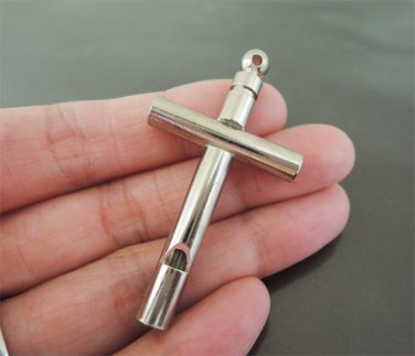 Finding - 1 pc Silver Round Crucifix Tone Working Whistle Tool Charms Pendant 47mm x 25mm