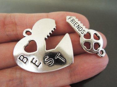 Finding - 1 Set Antique Silver Big Heart Love Charm Pendant BEST FRIENDS Word with Key 37mm x 25mm