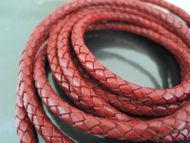 1 Yard 6mm Vintage Red Genuine Braided Round Leather Cord