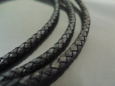 1 Yard 5mm Antique Black Genuine Braided Round Leather Cord