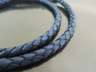 1 Yard 6mm Dull Blue Genuine Braided Round Leather Cord