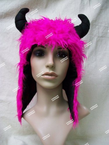 Funky Hot Pink Minotaur Laplander Hat w Horns Greek Anime Monster Goat Doe Satyr Faun Fantasy Rave