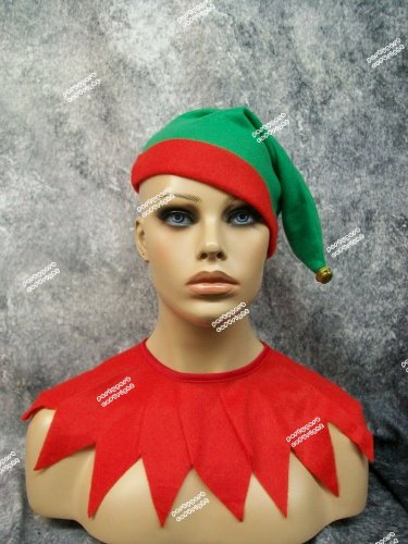 2 pc Green Red Santas Helper Hat Collar Set Christmas Jolly Elf North Pole Dog Costume