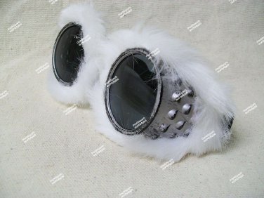 Funky White Fur Explorer Goggles Artic Eskimo Tundra Steampunk Flashy Aviator