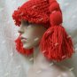 Cute Red Yarn Rag Doll Girl Crochet Beanie Hat Pigtails Raggedy Ann Cabbage Patch Kid