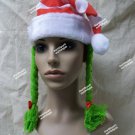 Red White Striped Santa Hat Green Braids Christmas Elf Toymaker CandyCane Grinch