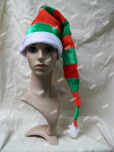 Fun Long Red Green Striped Santa Stocking Hat Candy Cane Christmas Elf Helper