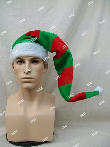 Fun Long Red Green Striped Santa Elf Hat Bendable Christmas Helper Claus Grinch