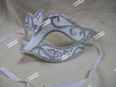 White Silver Glitter Eye Mask Royal Masquerade Ball Venetian Bridal Swan Ballet