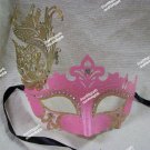 Fancy Pink Eye Mask Gold Metal Feather Filigree Swan Renaissance Masquerade Ball
