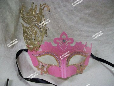 Fancy Pink Eye Mask Gold Metal Feather Filigree Swan Renaissance Masquerade Ball