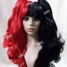 3 pc Harlequin Wig Black & Red Ponytail Clips Suicide Squad Harley Quinn Jester