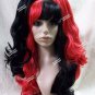3 pc Harlequin Wig Black & Red Ponytail Clips Suicide Squad Harley Quinn Jester