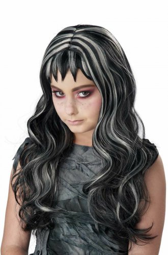 Child Black Gray Gothic Streaks Wig Evil Doll Frankie Stein EMO Goth Lydia Deets