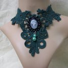 Fancy Green Femme Fatale Gothic Lace Choker Collar Cameo Victorian Baroque Steampunk Civil War Era