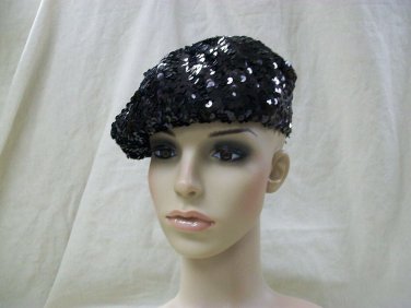 Black Sequin Beret Hat Cap Roaring 20s Flapper Gatsby Fancy Dress Charleston 30s