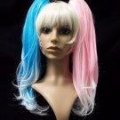 3 pc Deviant Doll Wig Blonde Blue Pink Ponytail Clips Suicide Squad Harley Quinn