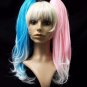 3 pc Deviant Doll Wig Blonde Blue Pink Ponytail Clips Suicide Squad Harley Quinn