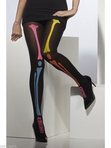 Funky Color Skeleton Leg Bones Print Black Tights Corpse Bones Mummy Day of Dead