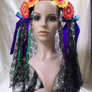 Colorful Day of Dead Headband w/ Lacey Black Veil Sugar Skull Dia De Los Muertos Colorful Day of Dead Headband w/ Lacey Black Veil Sugar Skull Dia De Los Muertos