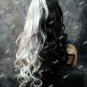 Long Black Half White Evil Madame Wig Heat Resistant Wicked Cruella De Vil Dalmatian Villain