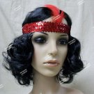Curly Black Flapper Wig & Red sequin band Charleston Chicago Roaring 20's Jazz