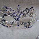 Silver Metal Filigree Eye Mask Blue Stones Renaissance Royal Masquerade Venetian