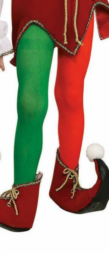 Child Half Red Green Elf Tights Christmas Helper Jester Unisex Clown Hose Medium