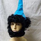 Light Blue Elf Hat w/ Black Wig & Beard Dwarf Gnome Snow White Bashful Sleepy