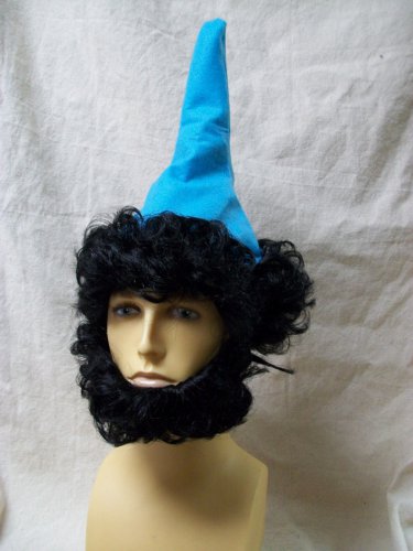 Light Blue Elf Hat w/ Black Wig & Beard Dwarf Gnome Snow White Bashful Sleepy