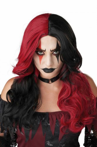 Dark Red Black Jester Wig Assassin Evil Joker Harley Quinn Circus Clown Vampire