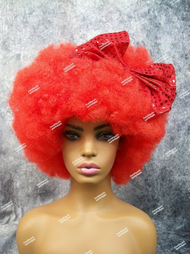 Red Mega Afro Clown Wig w/ Bow Big Super Frizzy Creepy Psycho Circus Hobo Unisex