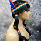 Black Indian Princess Wig Brave Rainbow Headband & Feathers Pigtails Native American Unisex Black Indian Princess Wig Brave Rainbow Headband & Feathers Pigtails Native American Unisex