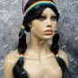 Black Indian Princess Wig Brave Rainbow Headband & Feathers Pigtails Native American Unisex